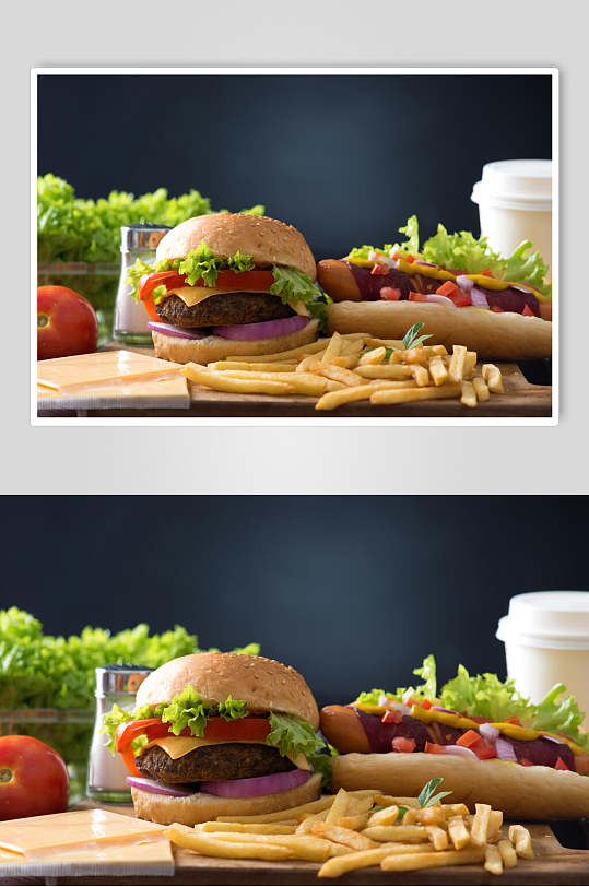 蔬菜牛肉芝士汉堡配薯条美食摄影图