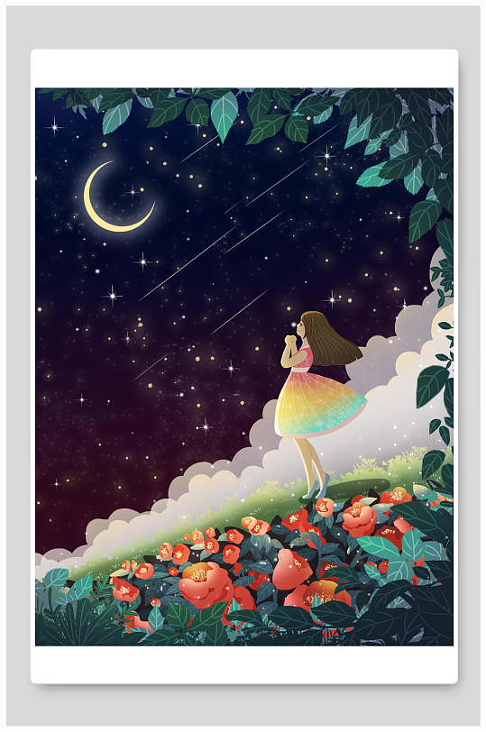 流星女孩夜晚插画海报素材