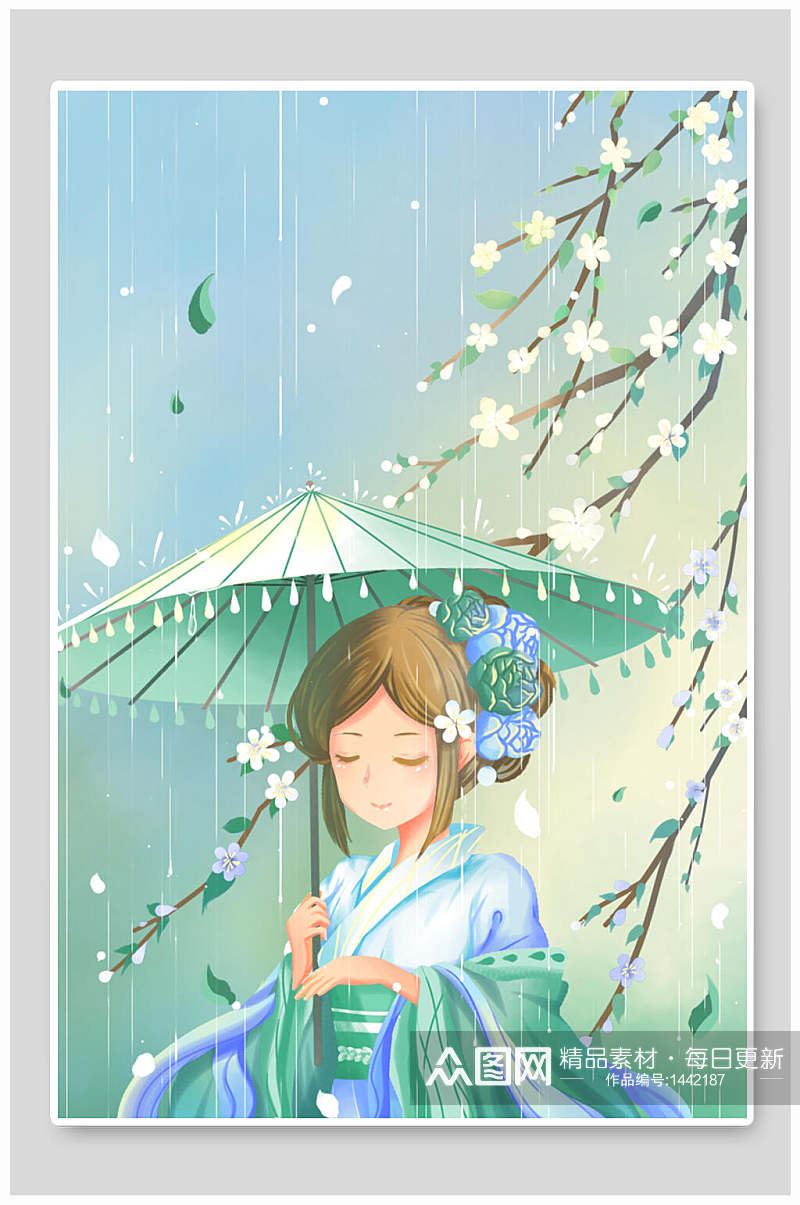 唯美女子雨滴古风插画素材