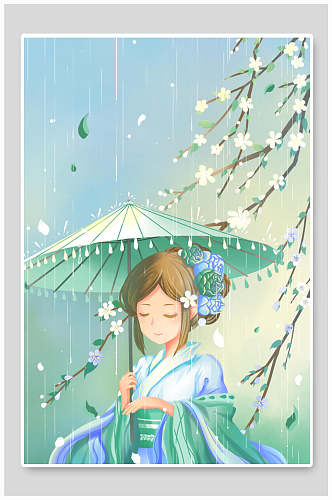 唯美女子雨滴古风插画