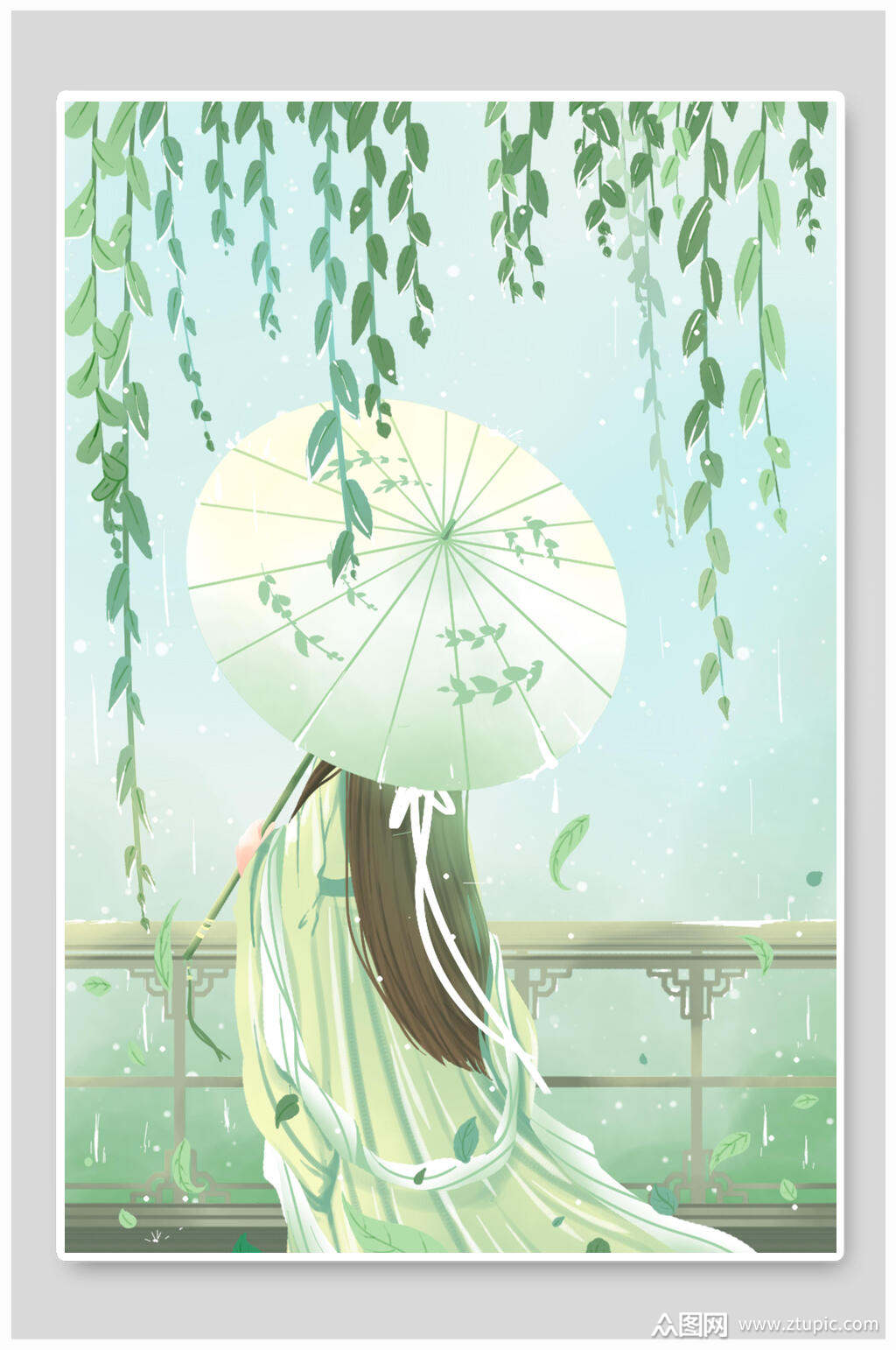 绿色简约唯美女子古风插画素材