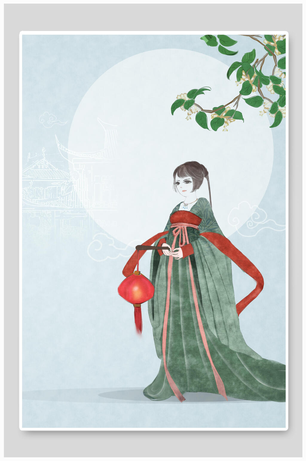 月下女孩古风插画素材素材
