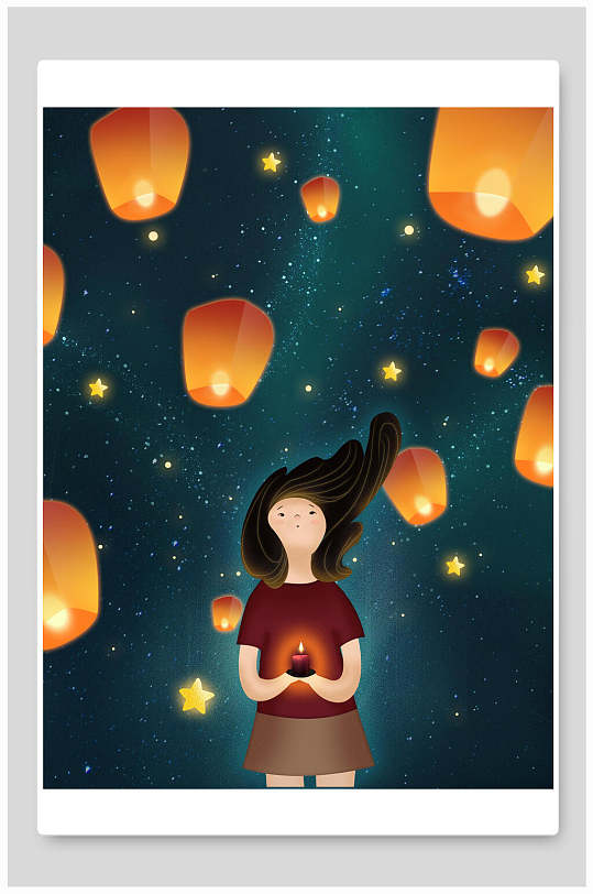 孔明灯女孩夜晚插画海报素材