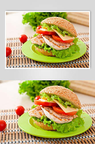 蔬菜鸡胸肉芝士汉堡美食摄影图