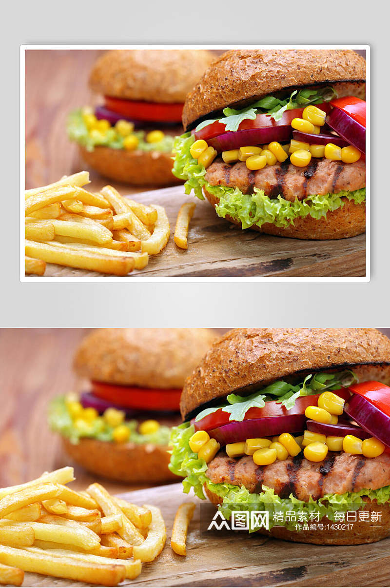 牛肉汉堡薯条美食摄影图素材