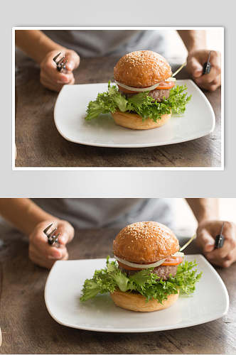 美式蔬菜牛肉汉堡美食摄影图