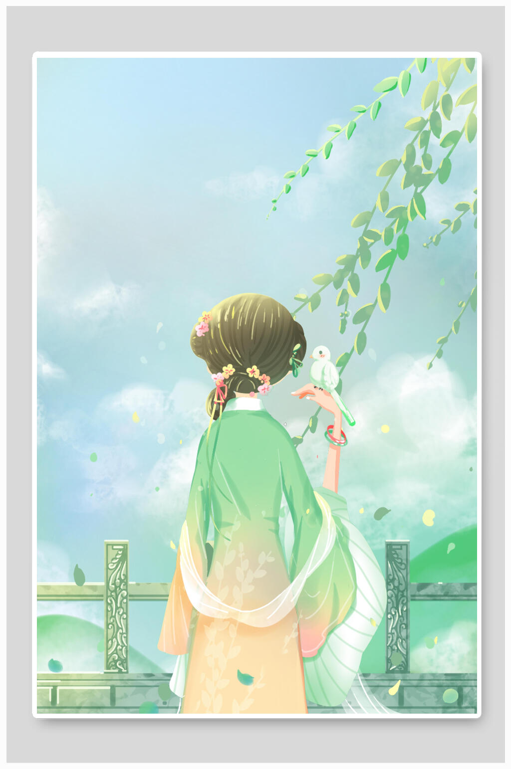 古风柳树美人背景插画素材素材