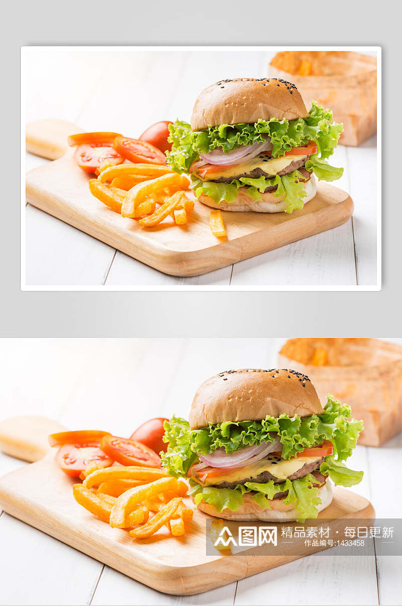 蔬菜牛肉芝士堡薯条美食摄影图素材