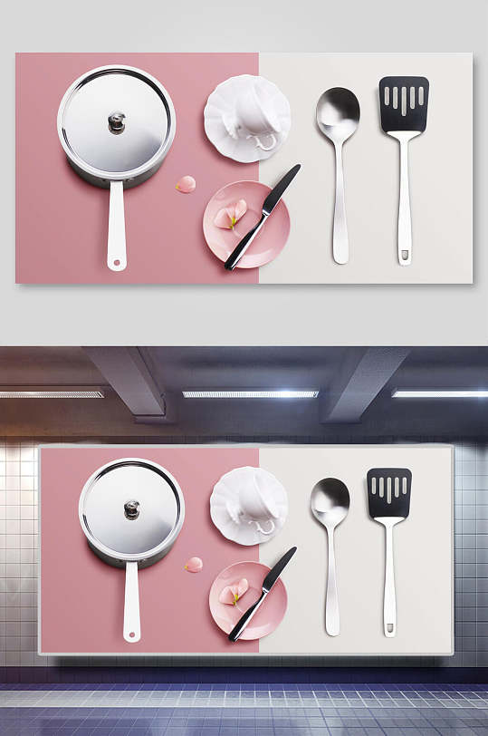电商背景粉色系厨具食器海报