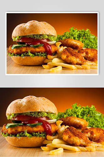 蔬菜牛肉汉堡薯条美食摄影图