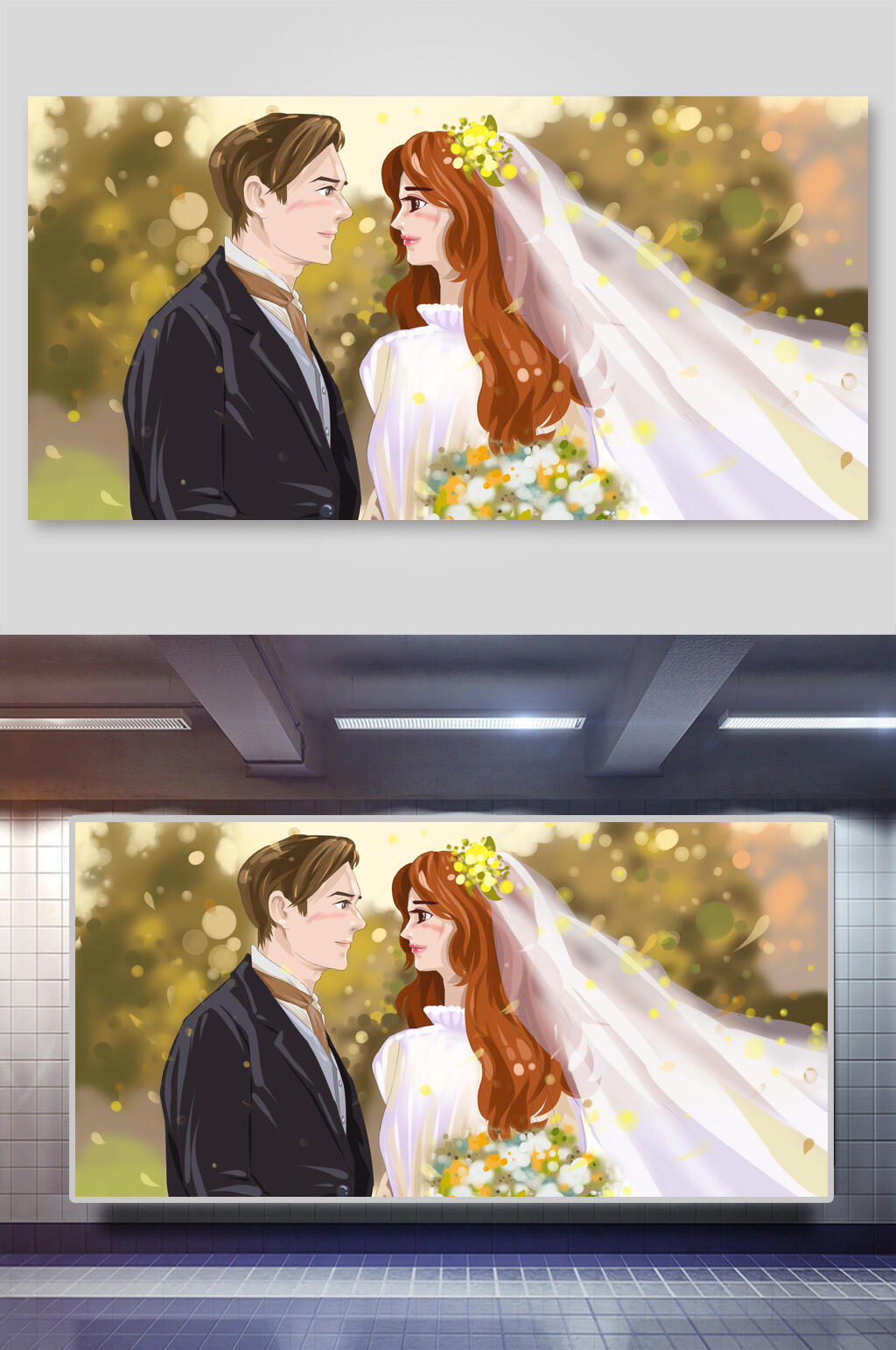简约婚纱照爱情情侣插画海报素材