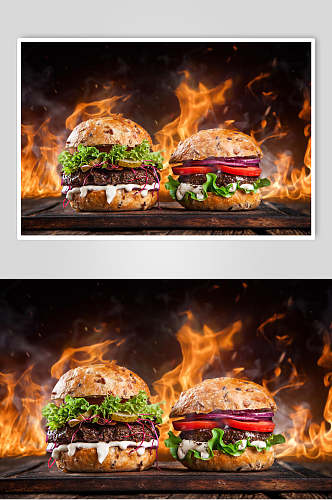 火焰蔬菜牛肉堡美食摄影图
