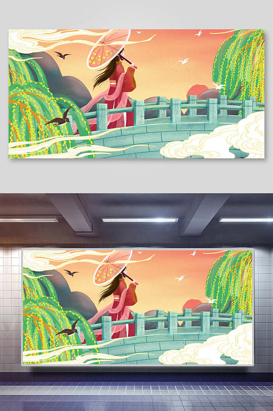 古桥女孩古风插画素材