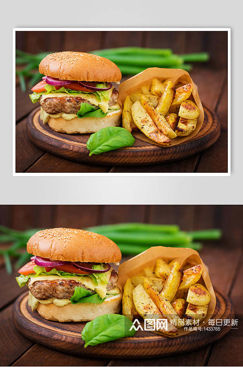 蔬菜牛肉汉堡薯角套餐美食摄影图素材