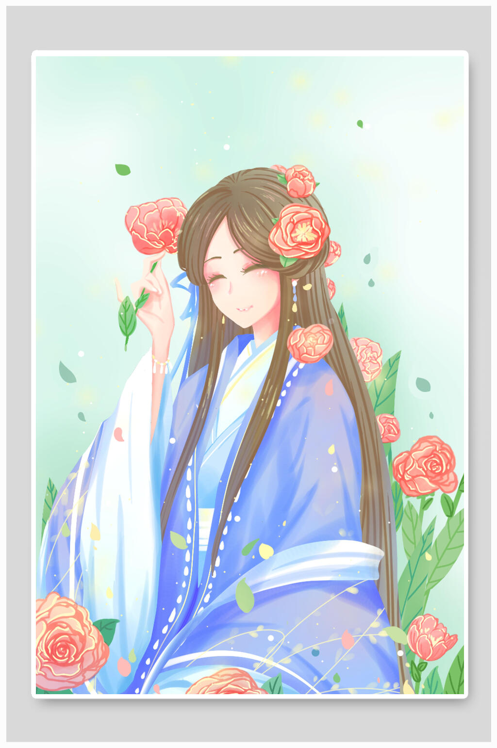 玫瑰花女孩古风插画素材素材