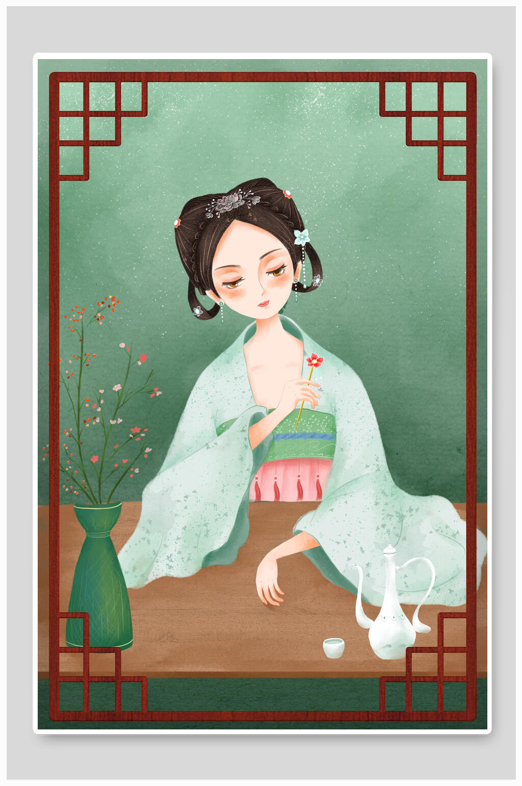 女孩小酌古风插画素材素材