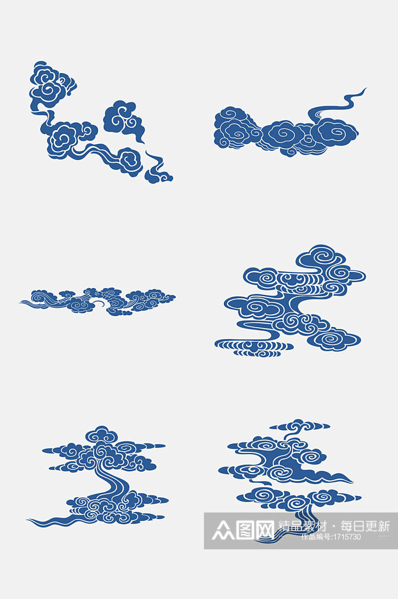蓝色中国传统祥云花纹免抠元素素材