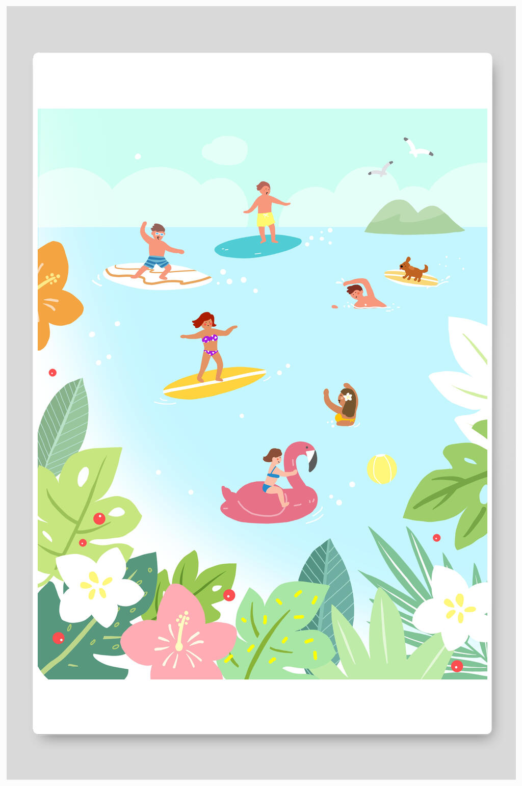 夏日海边冲浪插画素材