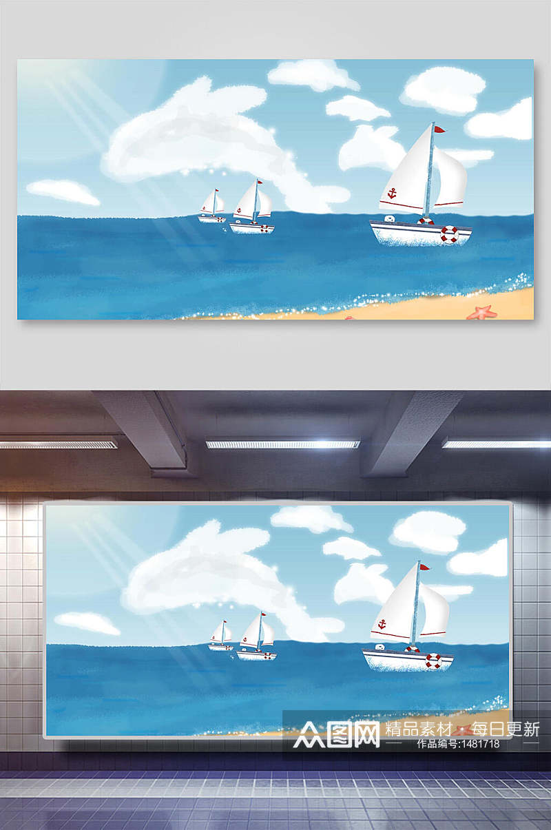 夏日海边帆船云朵沙滩插画素材