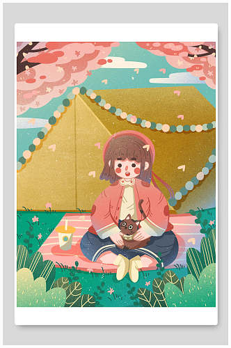 唯美露营樱花节海报