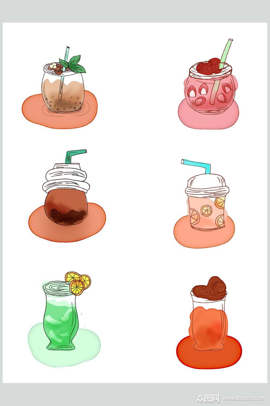 夏季冷饮奶茶店手绘饮品元素