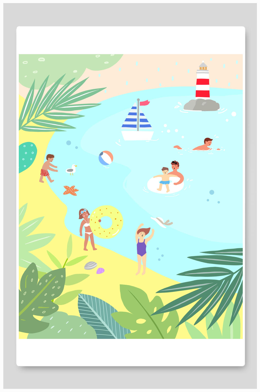 夏日沙滩游泳插画素材
