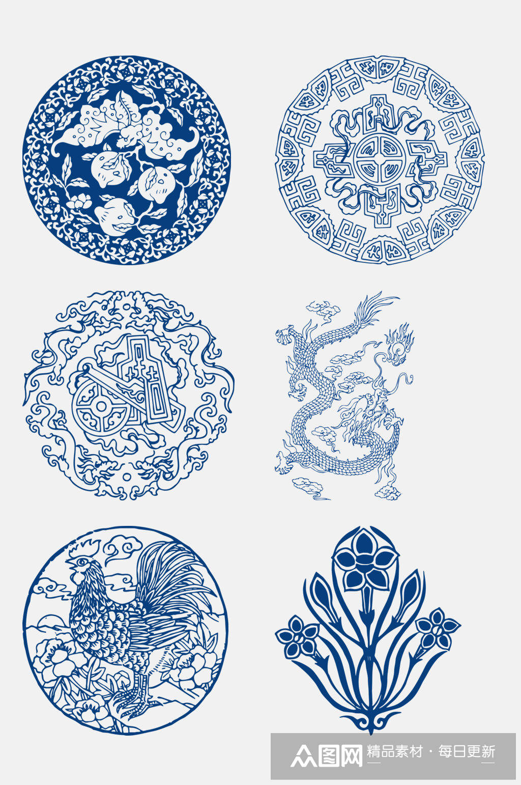 手绘画青花瓷花纹图案免抠元素素材