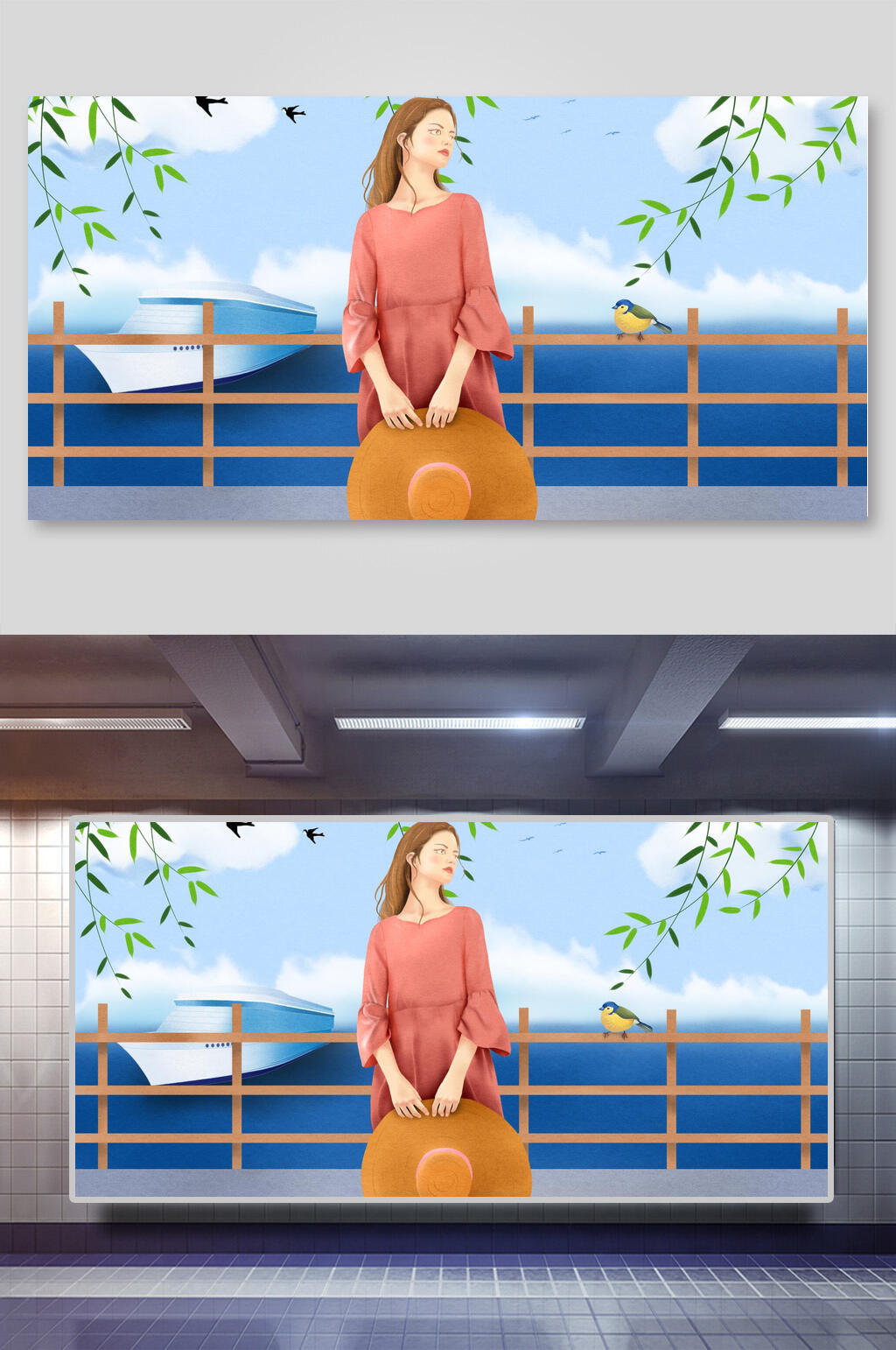 肖像海边春游踏青插画素材