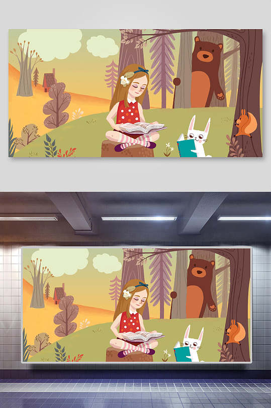 扁平风森林女孩与猫插画素材