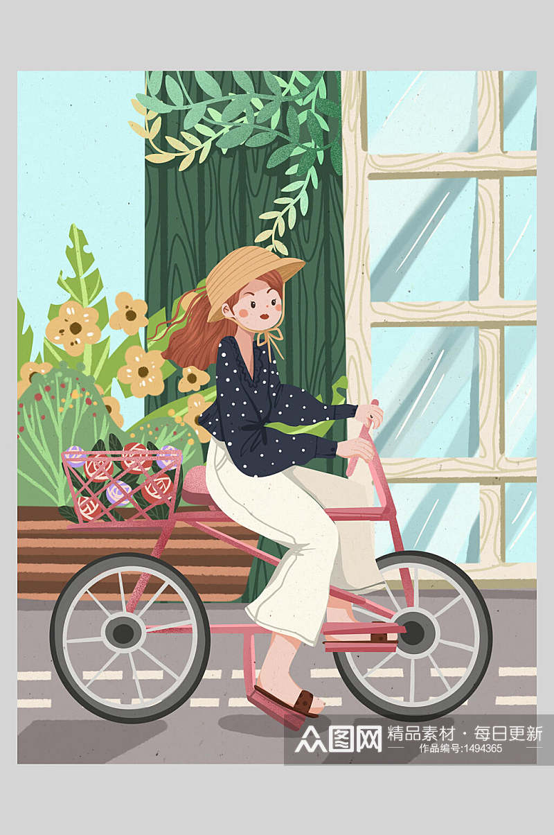 夏日自行车女孩插画素材