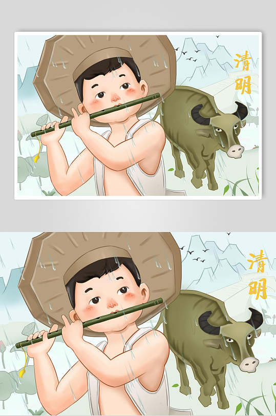 清明节牧童放牛插画-众图网