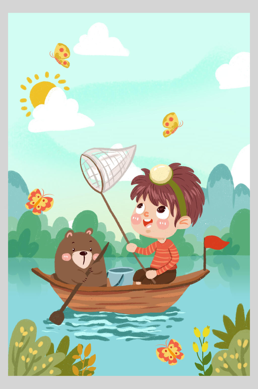 捕鱼蝴蝶动物插画素材素材