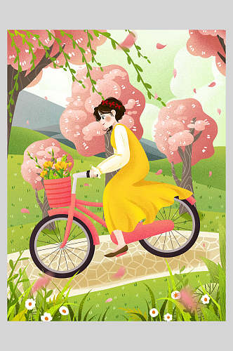 自行车女孩春游插画