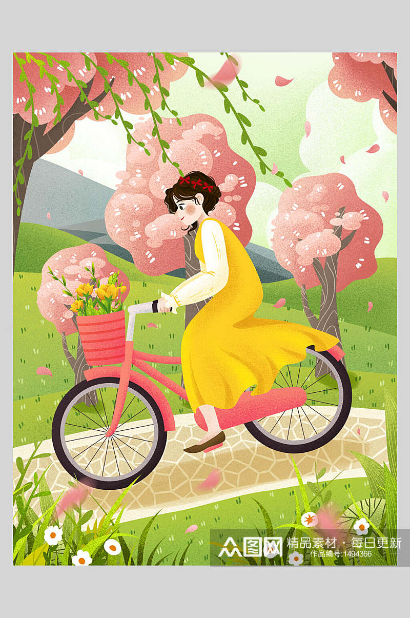 自行车女孩春游插画素材