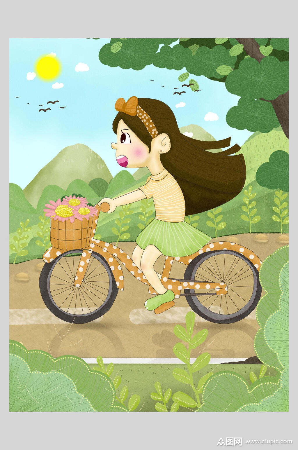 手绘画春游踏青骑单车插画素材
