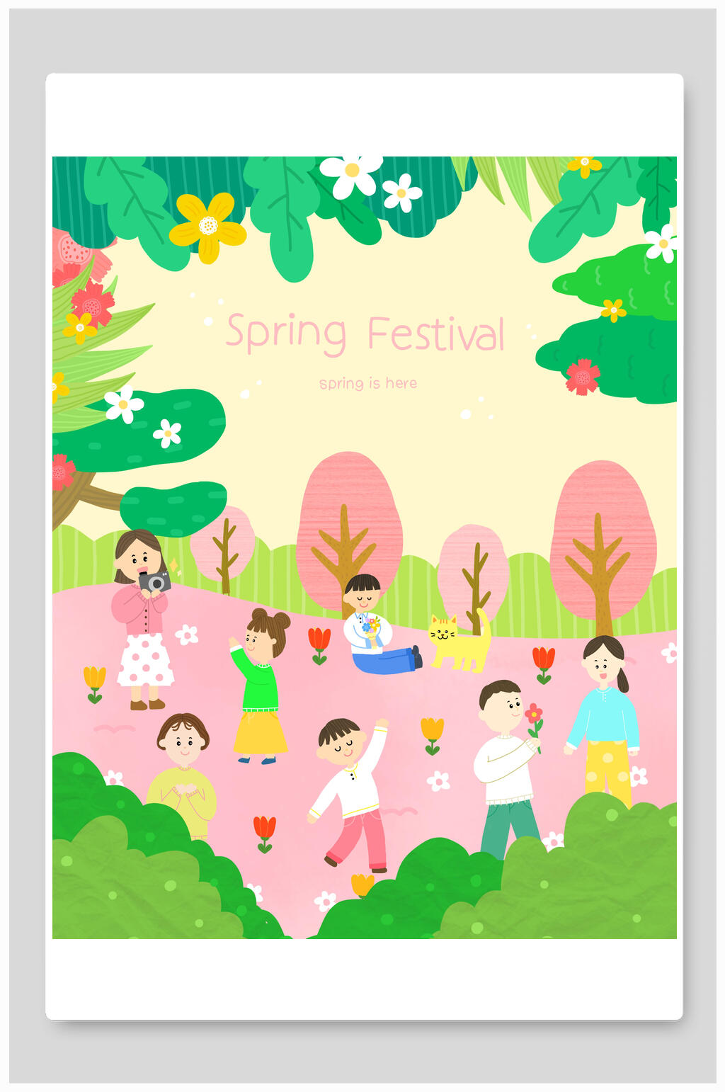 手绘春游踏青插画素材素材