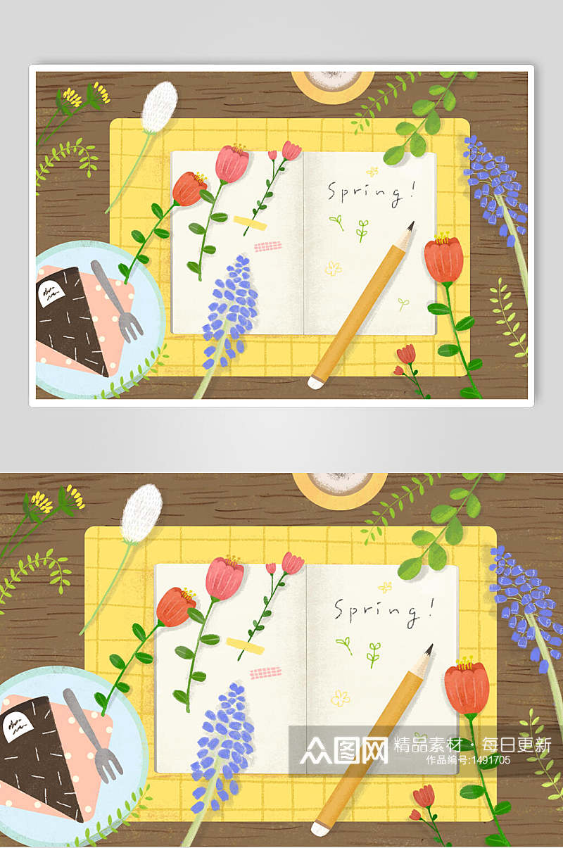 黄色笔记本手绘鲜花植物插画素材素材