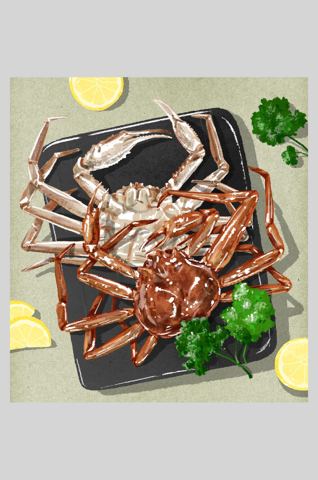 手绘螃蟹柠檬海鲜插画素材素材