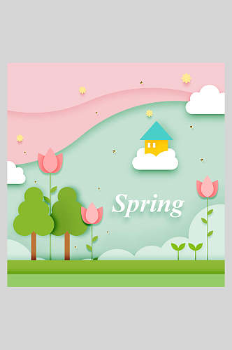 春天风景剪纸海报设计