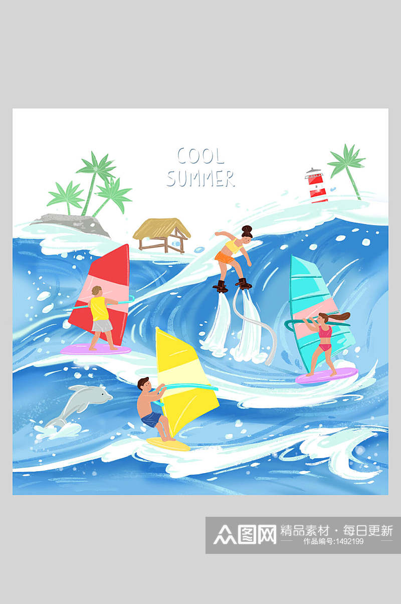 蓝色大海冲浪夏季插画素材素材