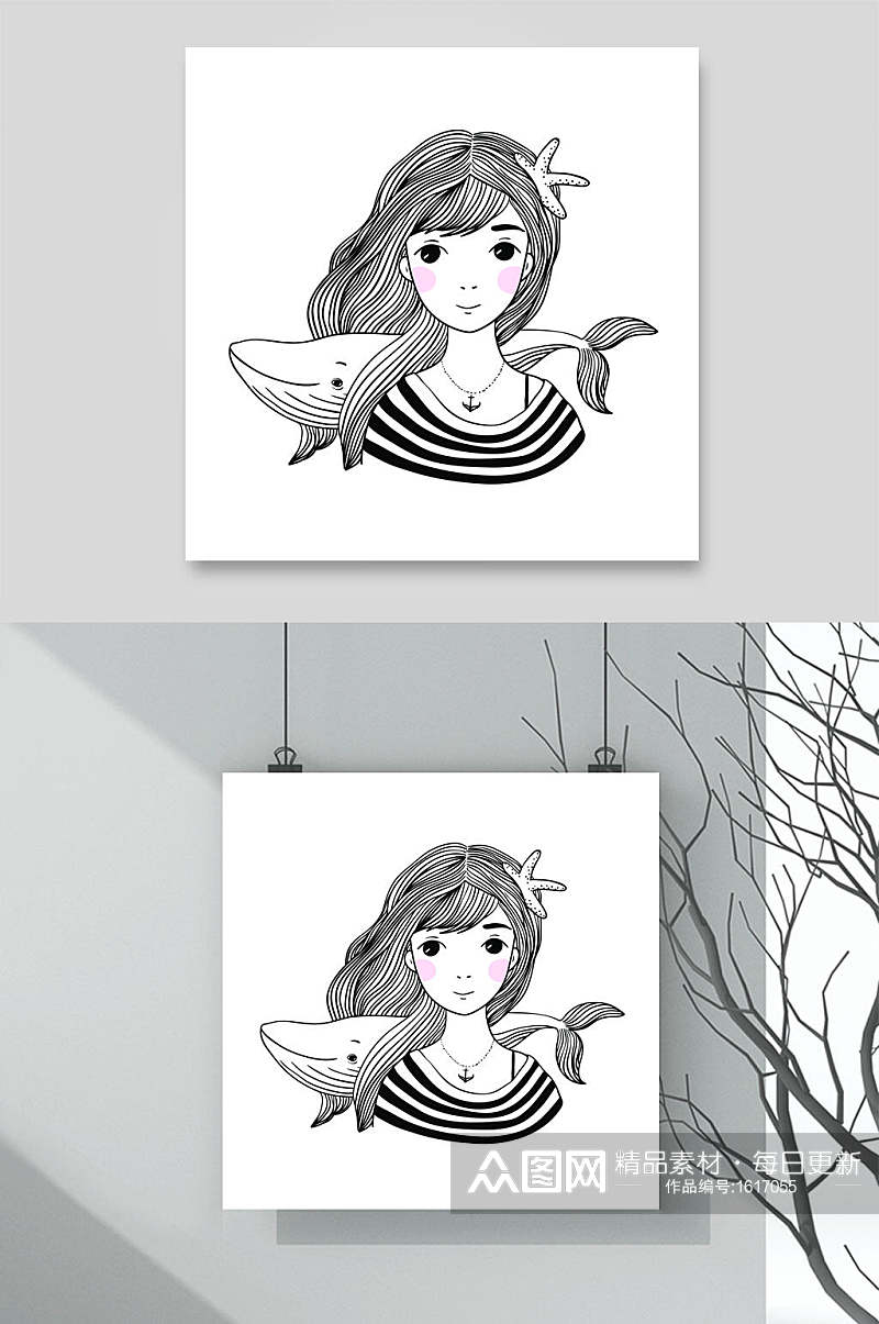 鲸鱼矢量手绘女孩人物插画素材素材