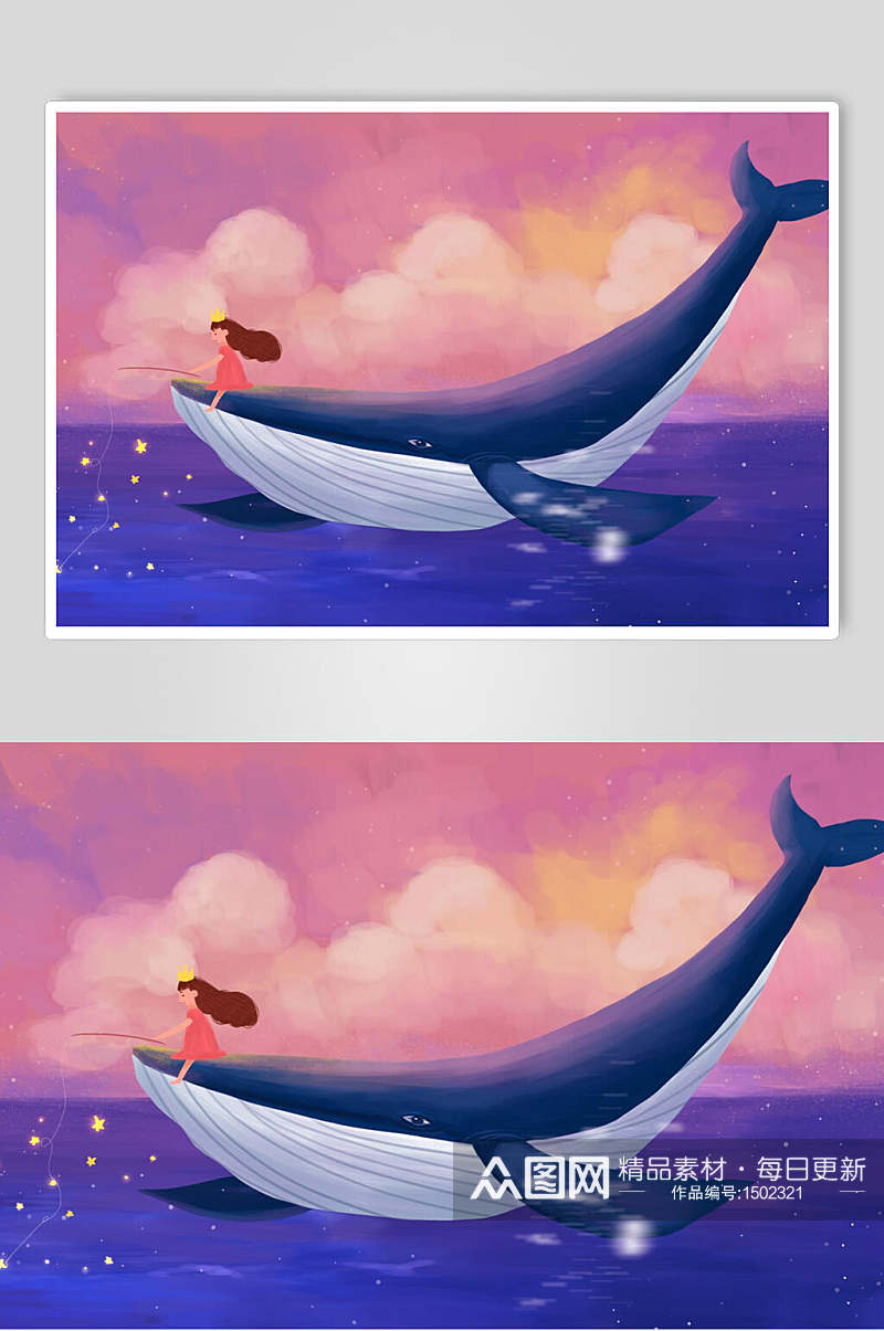 天空女孩鲸鱼唯美创意插画素材