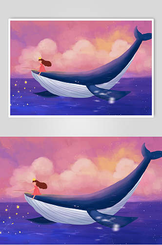 天空女孩鲸鱼唯美创意插画