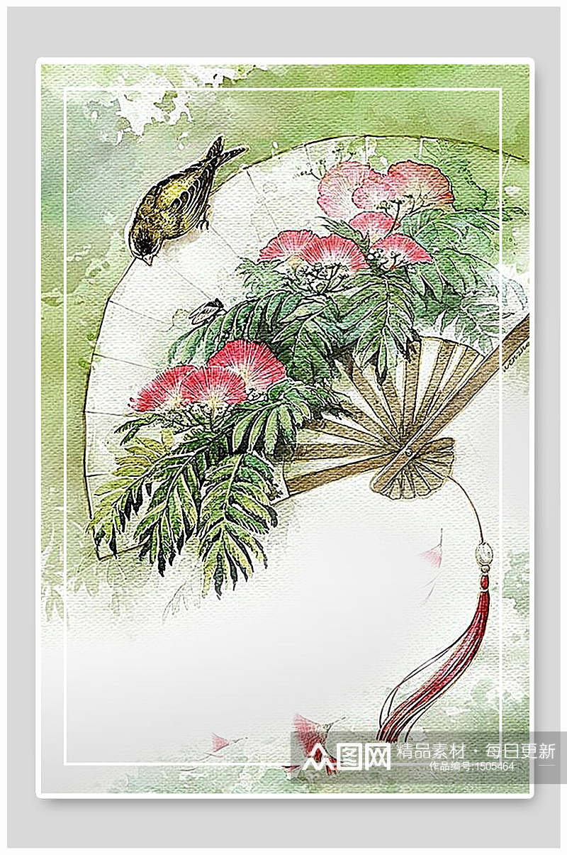 水彩画喜鹊扇子中国风背景素材素材