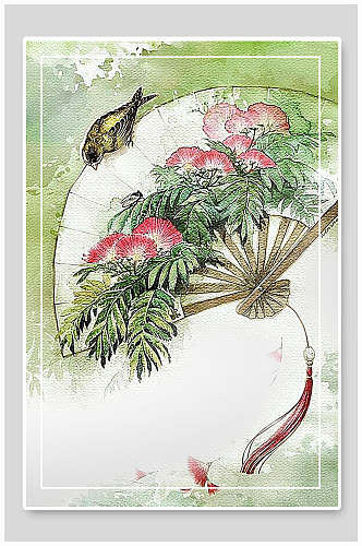 水彩画喜鹊扇子中国风背景素材