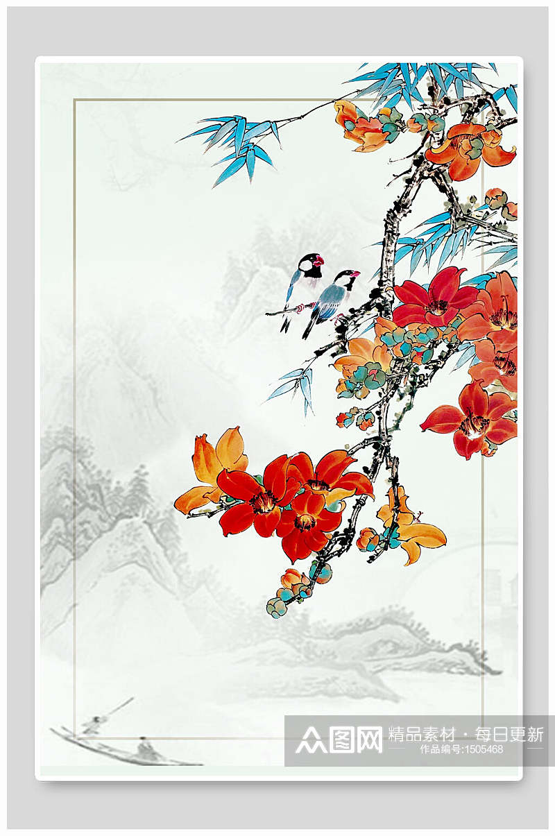 水彩画喜鹊中国风背景素材素材