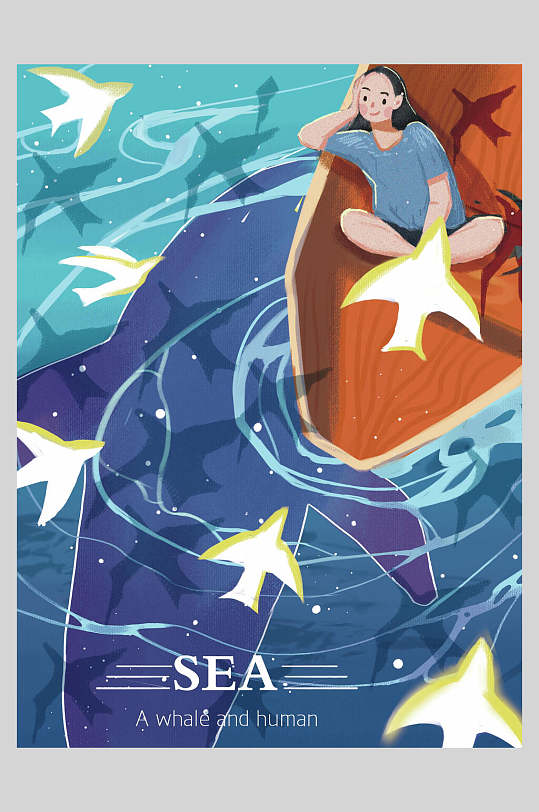 独坐泛舟的女孩唯美创意插画素材