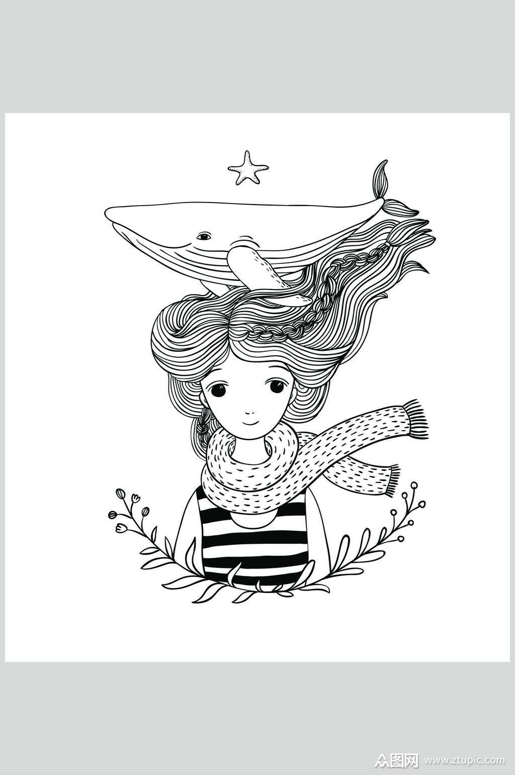 鲸鱼矢量手绘女孩人物插画素材模板下载-编号1617056-众图网