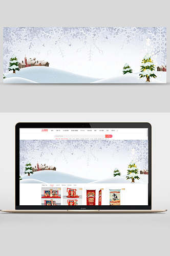 冬季雪地建筑树木电商banner背景设计