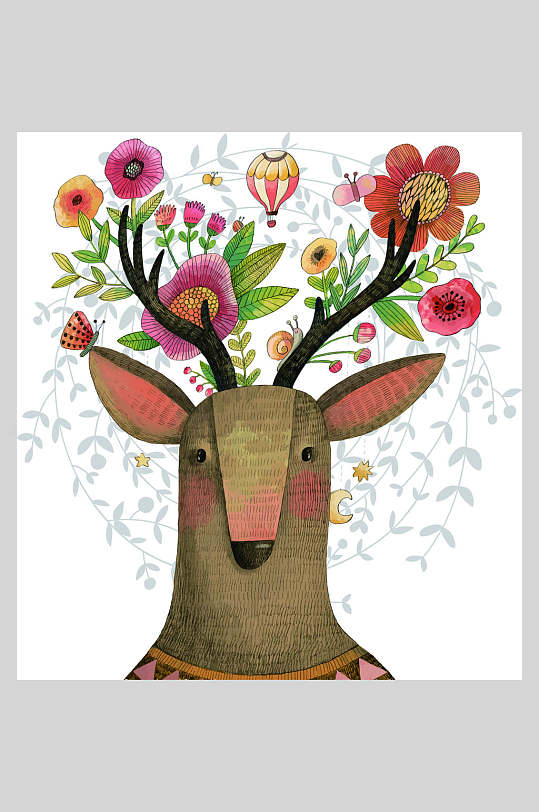 麋鹿森林系动物矢量插画素材-众图网